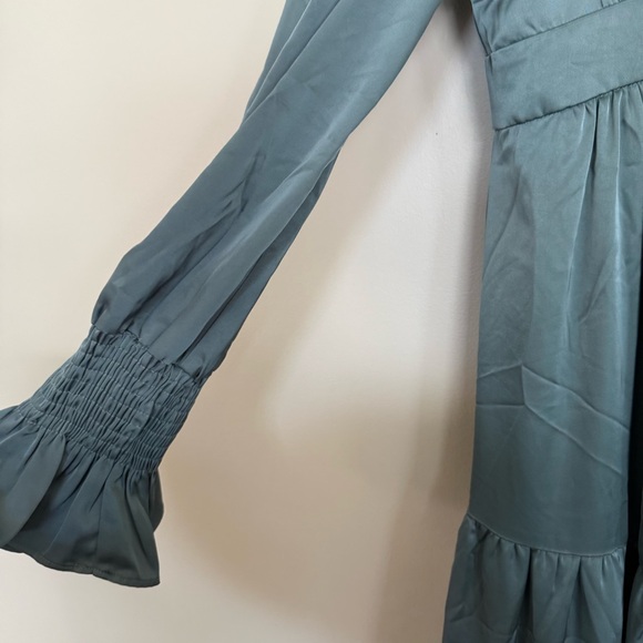 Zahraa The Label Long Sleeve Smocked Tiered Maxi Dress in French Blue Satin - Picture 4 of 8